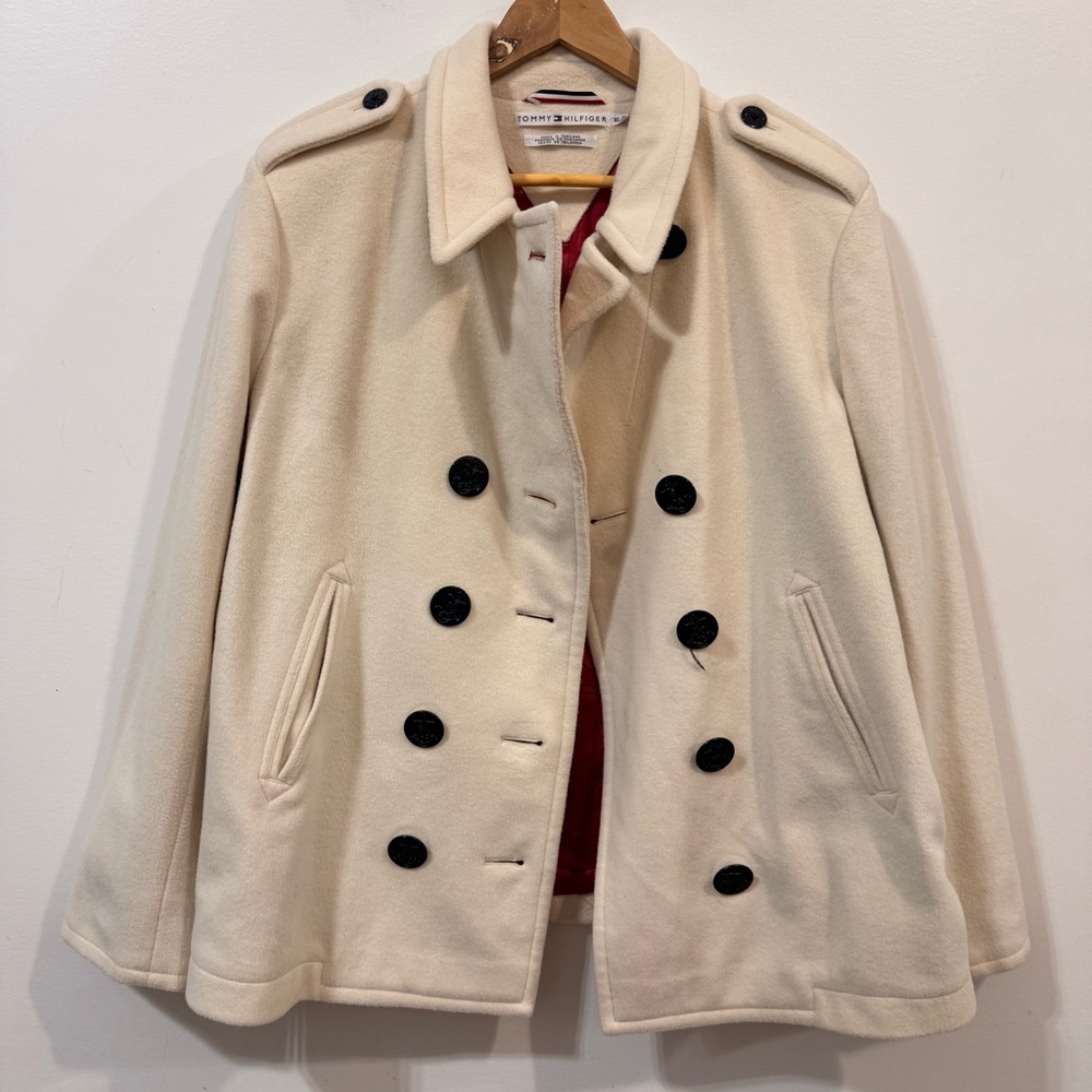 Tommy Hilfiger Wool Blend Winter Classy Double Breasted Ivory Peacoat Size XL
